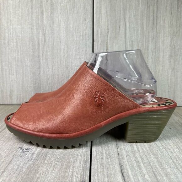 Fly London Wony Clay Brown Leather Heeled Mule Clog Shoe Womens Size 10 EUR 41 - Picture 1 of 10